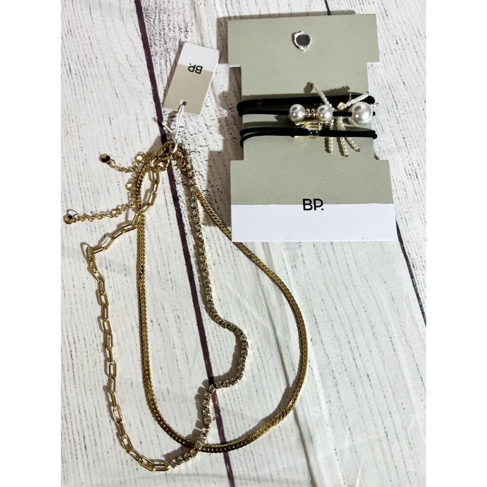 BP 2 Piece Layered Fashion Necklace with 3 Hair Ties in Gold and Black